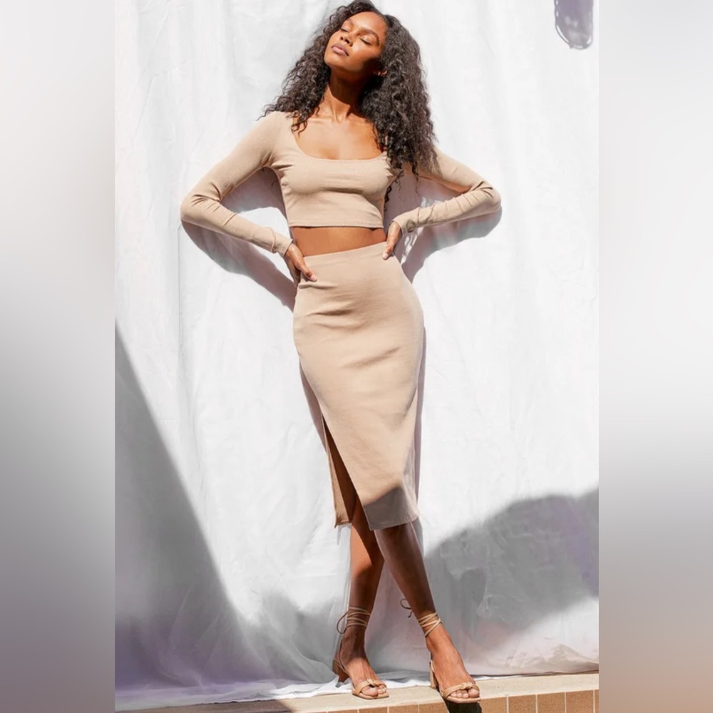 Best Babe Beige Ribbed Two-Piece Midi Dress - SET